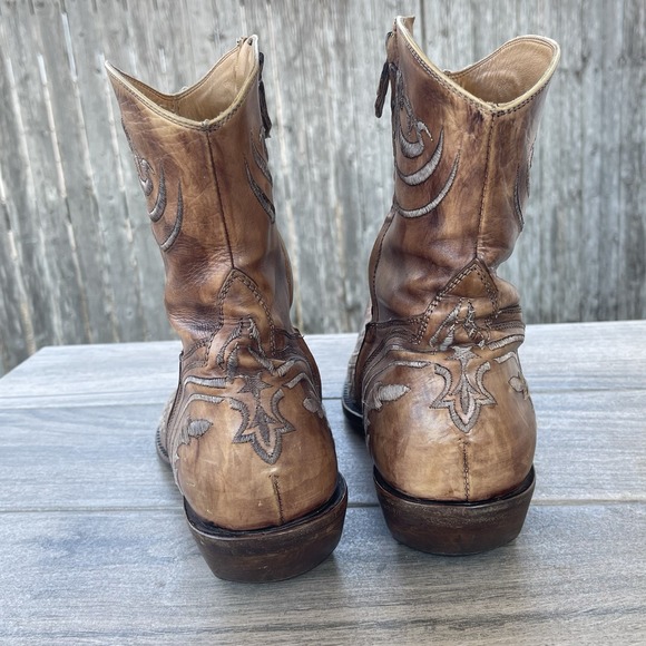 Damy Cowboy Ankle Boots Men 10/ 43 Brown Leather Embroidered Side Zip Italy Made - Picture 7 of 15